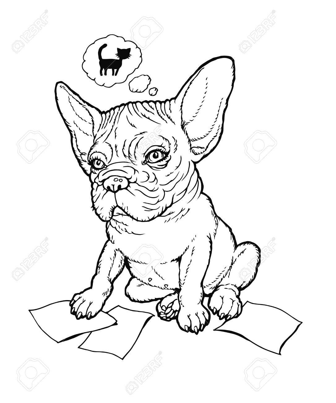 1086x1300 Black And White Line Drawing Plump French Bulldog Puppy Thinking