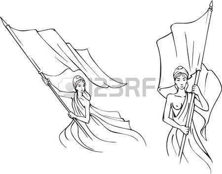 450x354 French Marianne With Flags. Set Of Black And White Vector