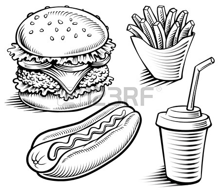 450x397 Fast Food Hamburger, Fries, Hotdog, Drink Hand Drawing Royalty