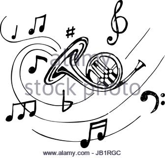 336x320 Hand Drawn Musical French Horn. Sketch Vintage Trumpet. Vector