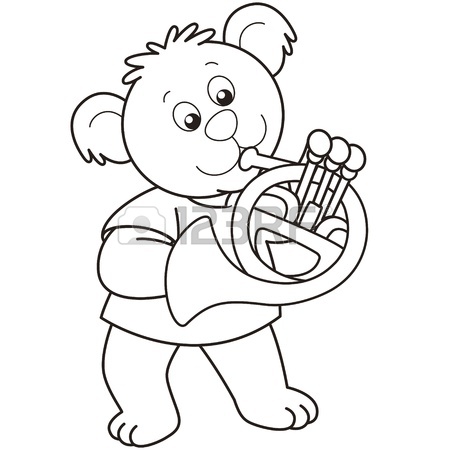 450x450 Cartoon Bear Playing A French Horn.black And White Royalty Free