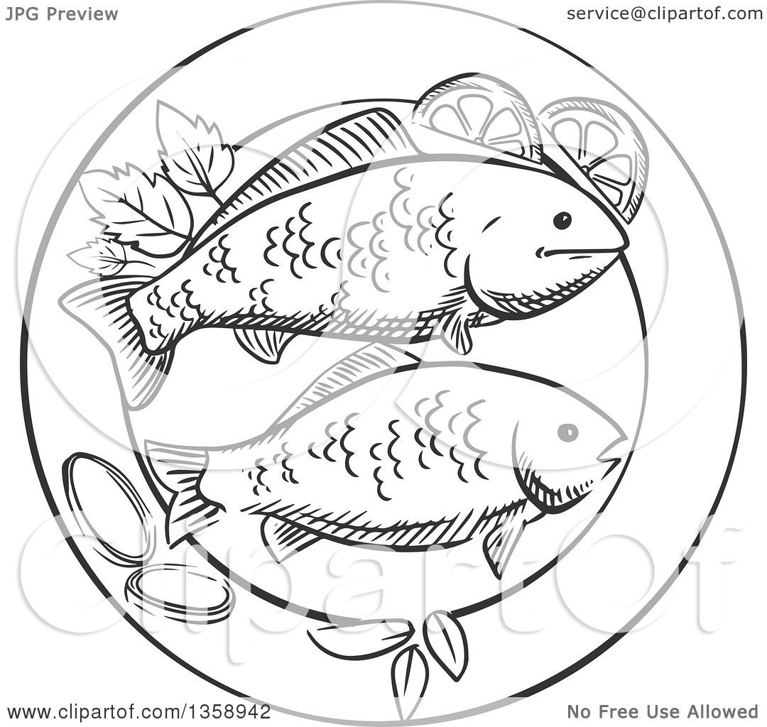 1080x1024 Clipart Of A Black And White Sketched Plate Of Fried Fish
