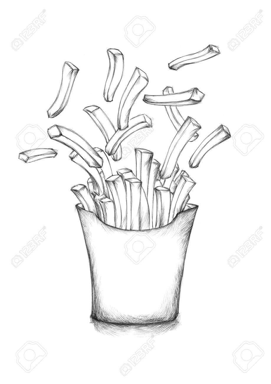 919x1300 Illustration Of Some Flying French Fries With A Box Stock Photo