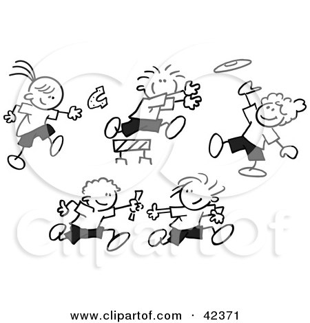 450x470 Clipart Illustration Of Black And White Stick Children Throwing
