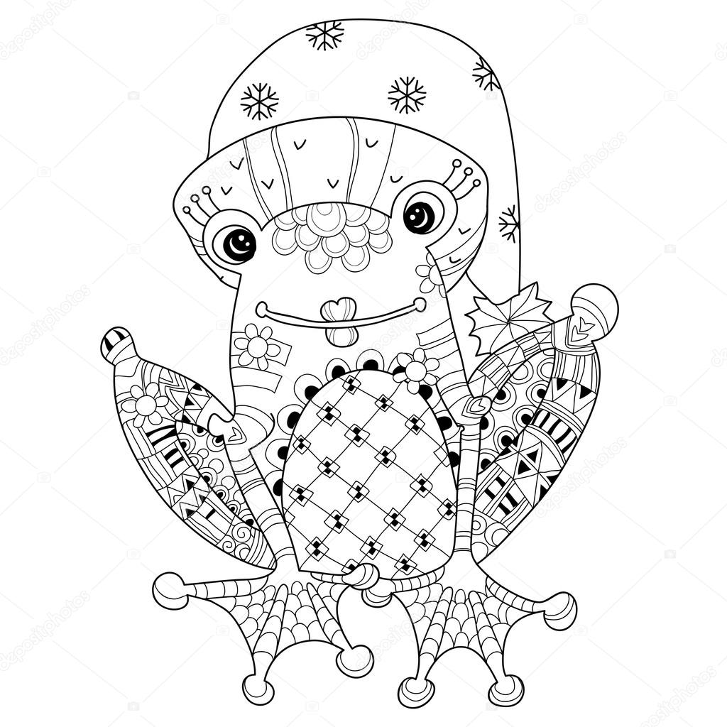 1024x1024 Cute Frog Prince In Christmas Hat.vector Sketch. Stock Vector
