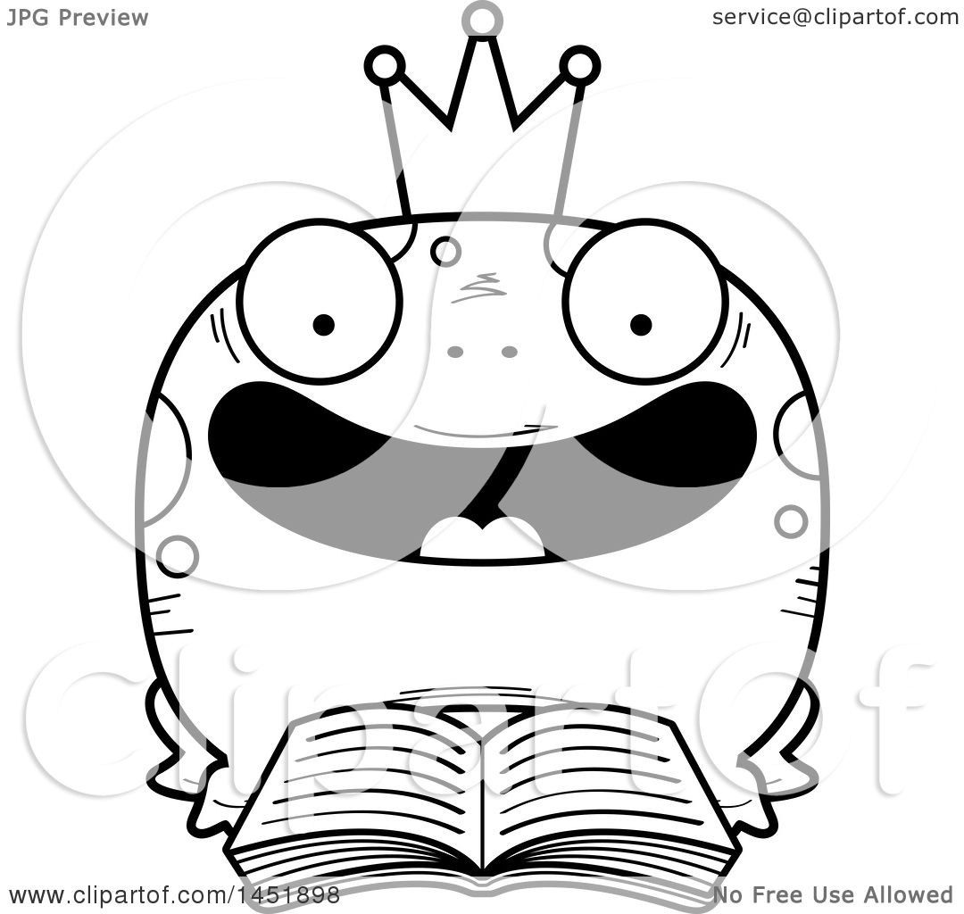 1080x1024 Clipart Graphic Of A Cartoon Black And White Lineart Reading Frog