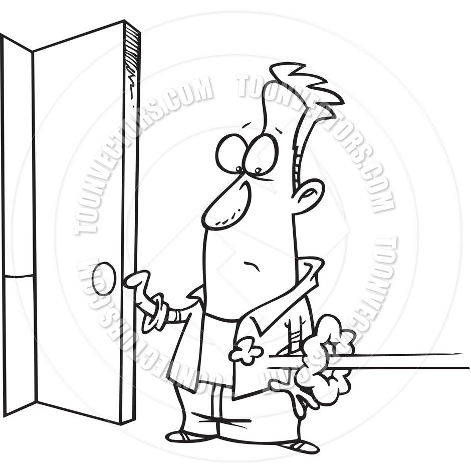 940x940 Cartoon Man Opening The Front Door (Black And White Line Art) By