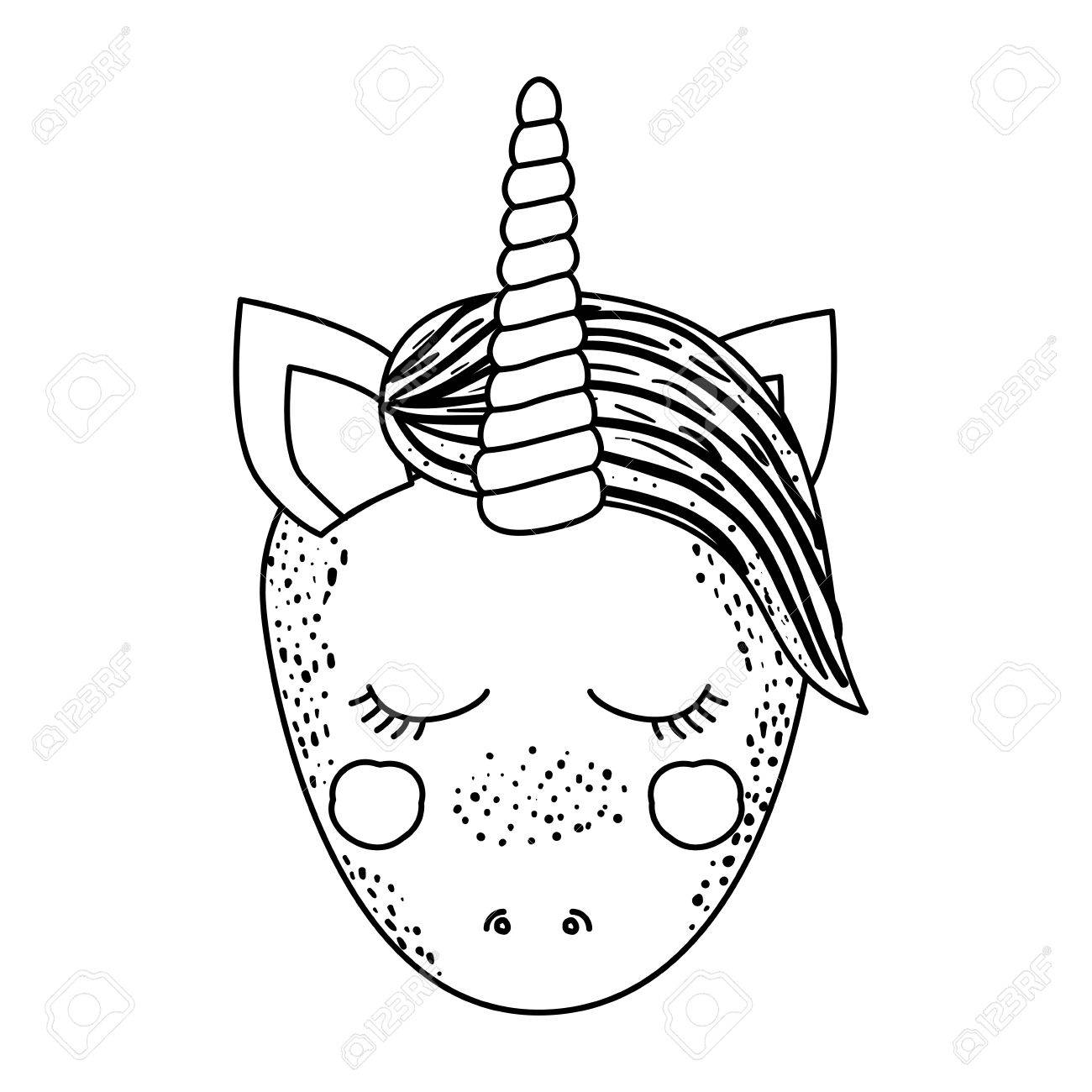 1300x1300 Monochrome Silhouette Of Front Face Caricature Unicorn With Closed