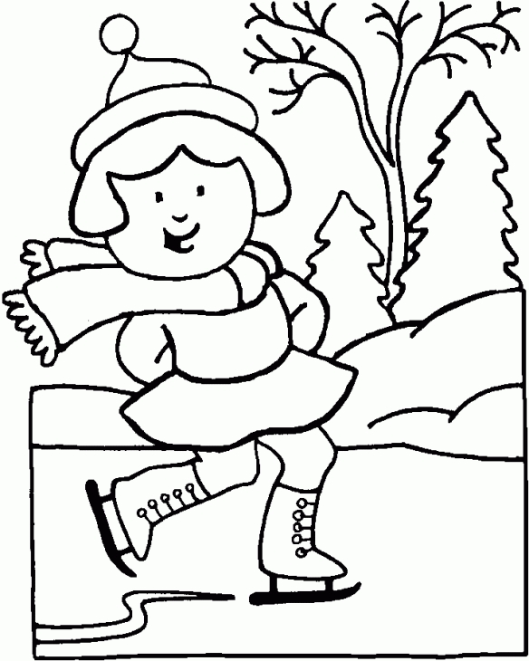 584x730 A Girl Happily Ice Skating On Frozen Lake In Winter Coloring Page