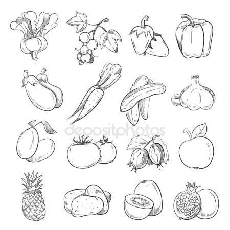 450x450 Doodles Of Vegetables And Fruits, Hand Drawing Vegan Cooking Food