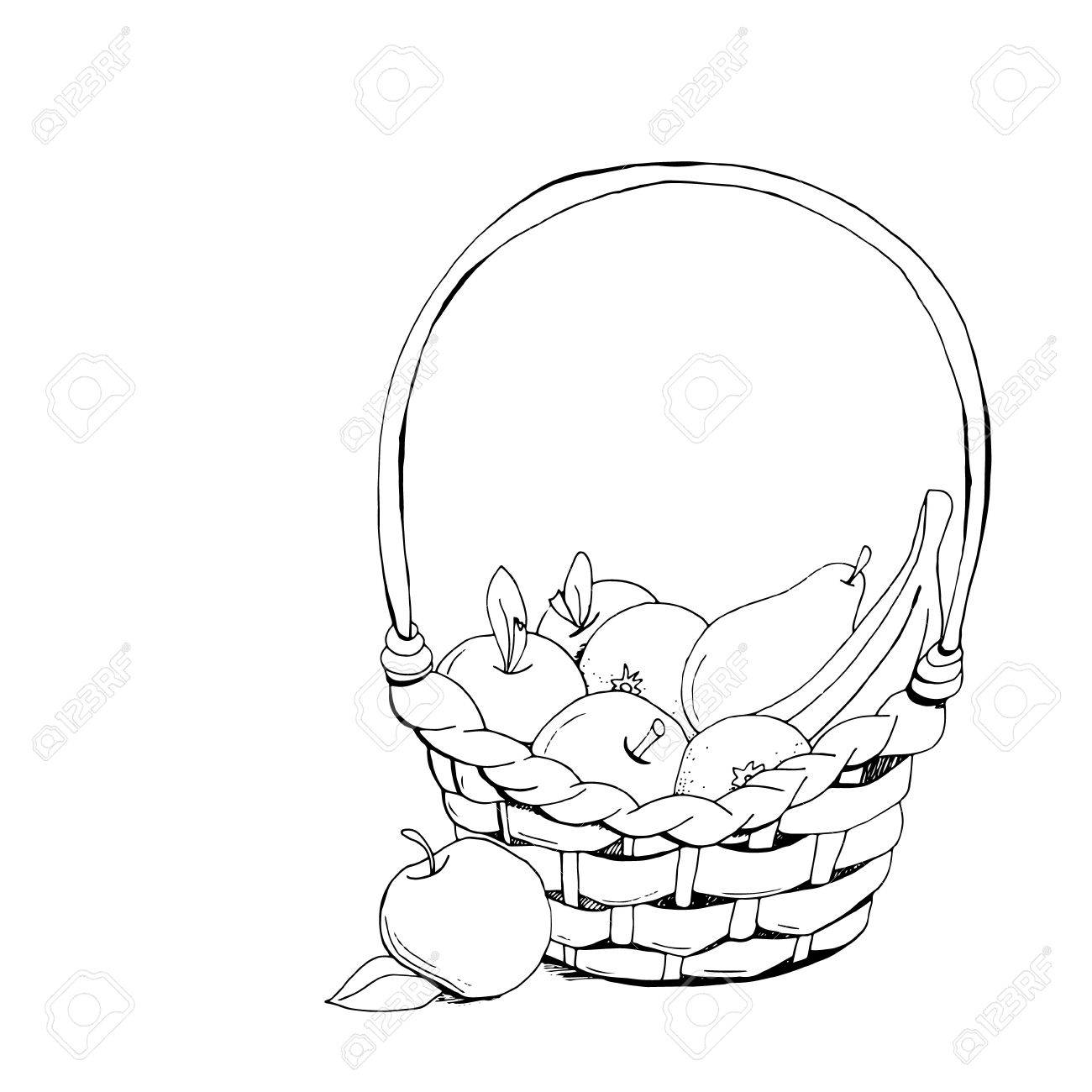 1300x1300 Fruit Basket Apple, Orange, Banana. Hand Drawn, Doodle, Sketch