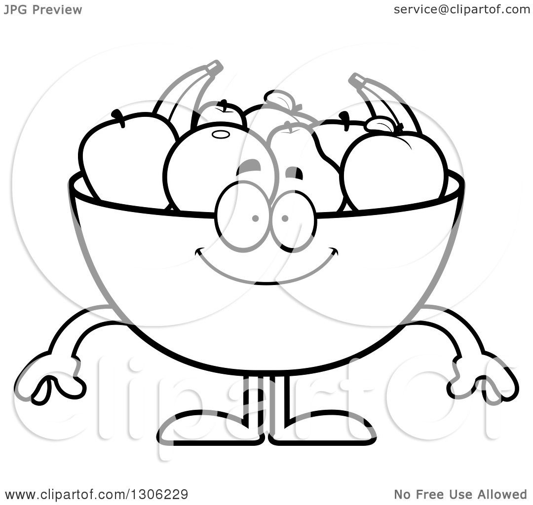 1080x1024 Lineart Clipart Of A Cartoon Black And White Happy Fruit Bowl