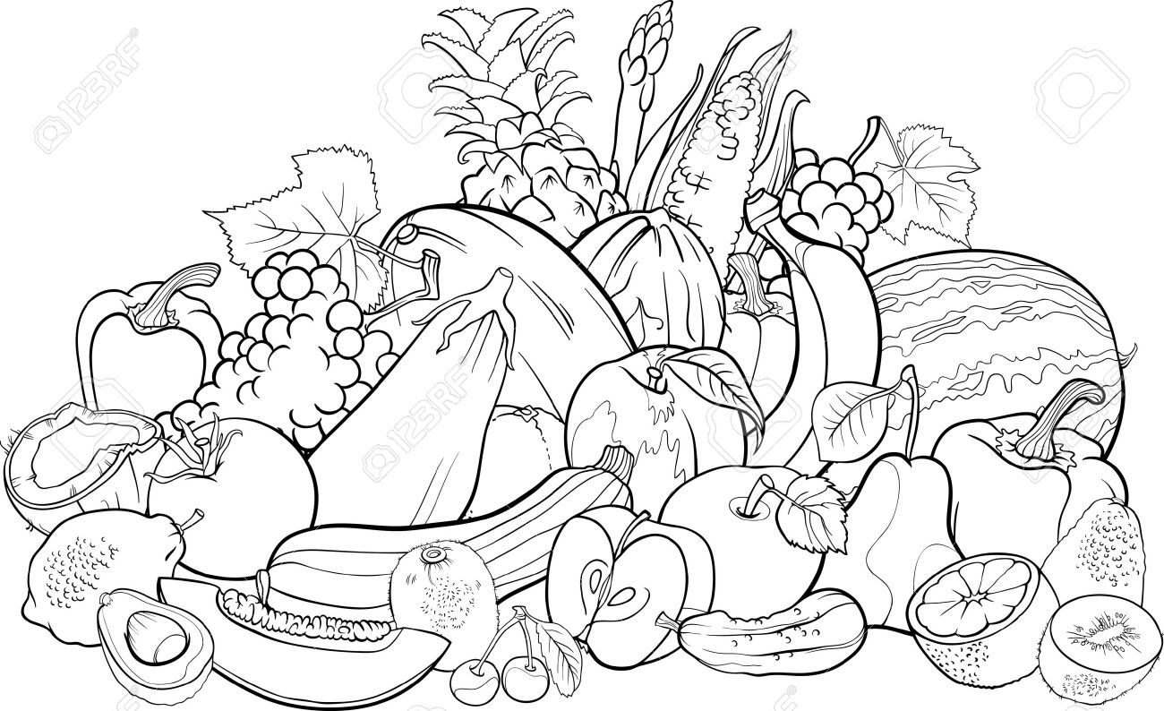 1300x794 Black And White Cartoon Illustration Of Fruits And Vegetables