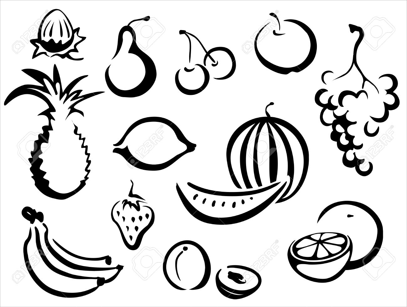 1300x980 Fruits Symbols Collection, Sketch In Simple Black Lines Royalty