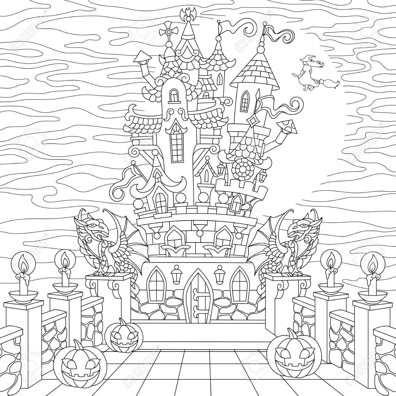 1300x1300 Halloween Coloring Page. Spooky Castle, Halloween Pumpkins, Witch