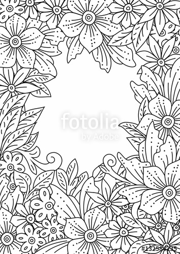 354x500 Floral Frame. Hand Drawn Flowers And Leaves, Doodle Art. Outline
