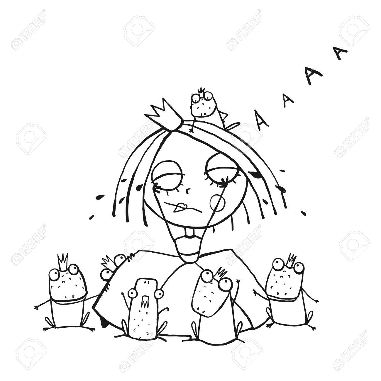 1299x1300 Princess Crying And Many Prince Frogs Coloring Page Outline