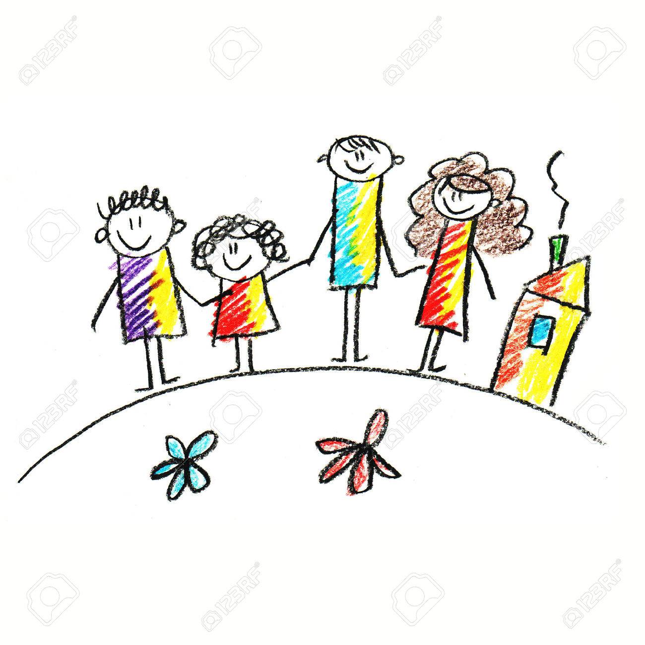 1300x1300 Colorful Picture Of Happy Family. Kids Drawing Style Stock Photo