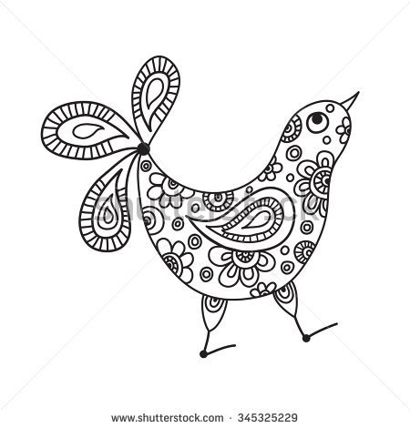 450x470 Funny Bird Chicken Isolated Figure. Black And White Graphics, Hand