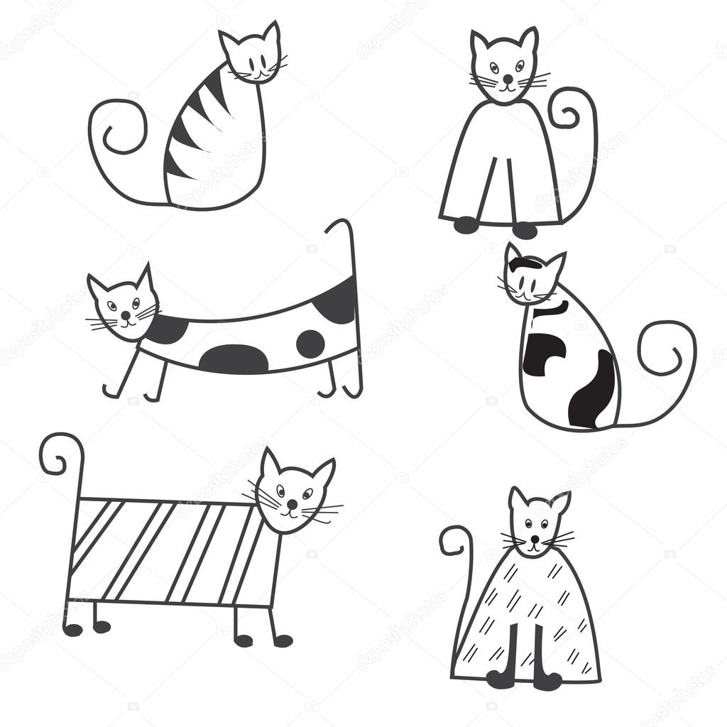 1024x1024 Funny Cats Sketch, A Set Of Cute Black And White Cats For Design