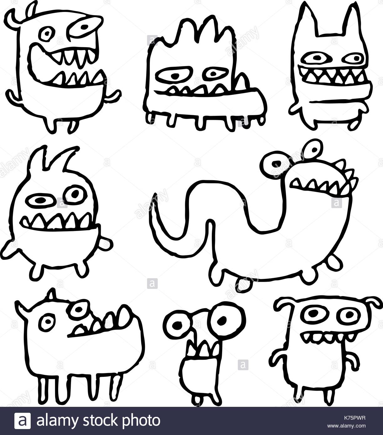1224x1390 Funny Outline Monsters In Different Shapes In Black White Colors