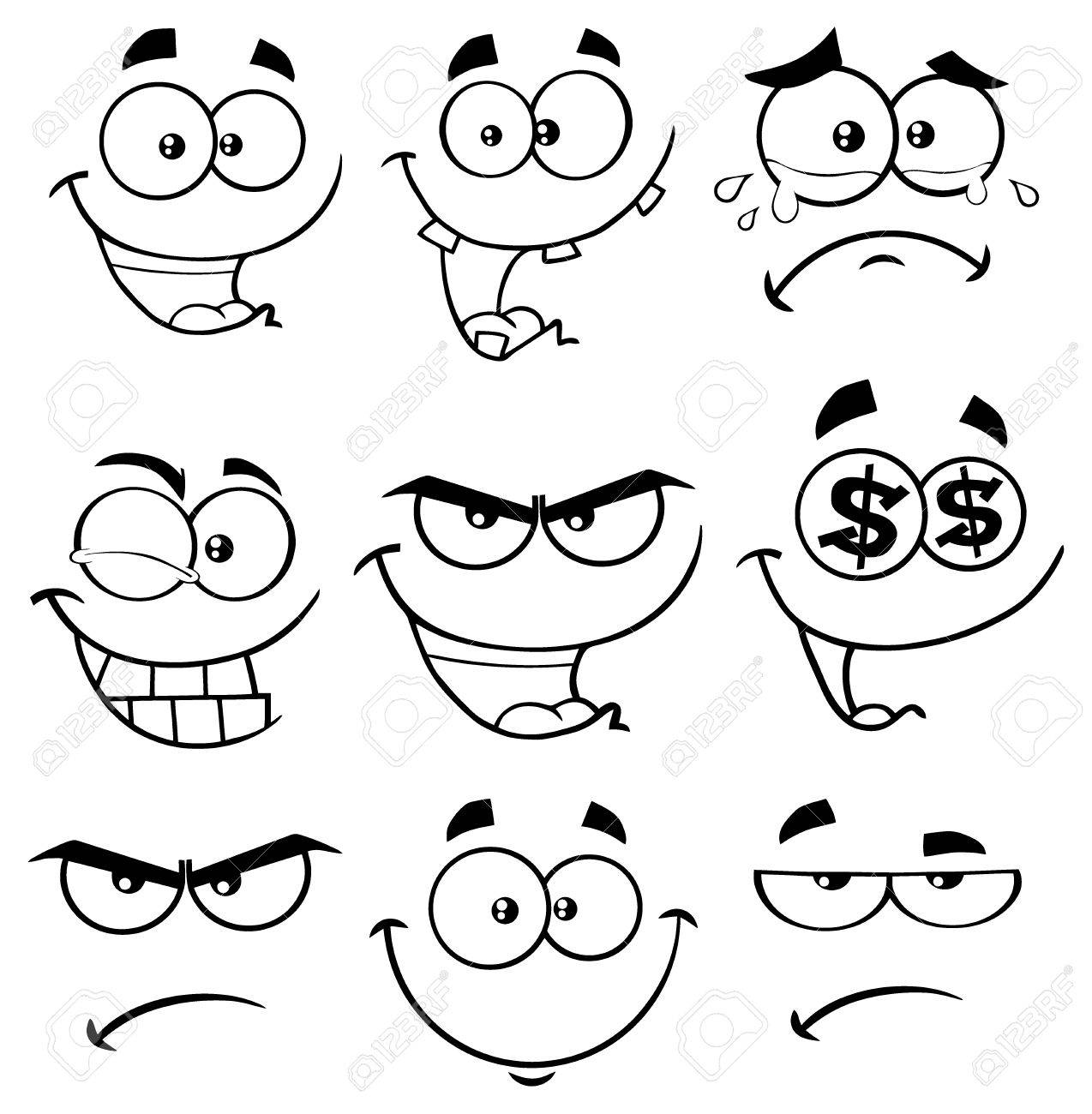 1274x1300 Black And White Cartoon Funny Face With Expression Set 1