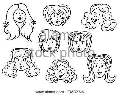 400x320 Set With Eight Funny Women Contour Faces Over White, Hand Drawing