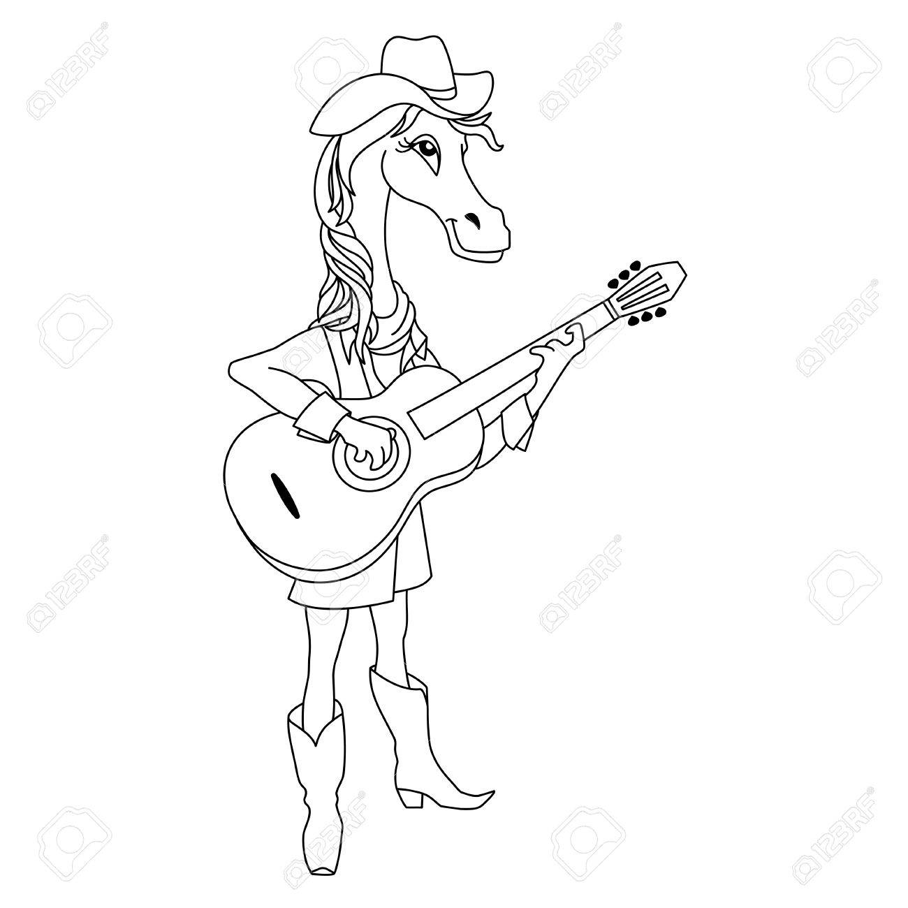 1300x1300 Musician Funny Horse Plays Guitar. Cartoon Outline Illustration