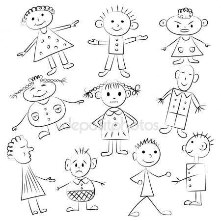 450x450 Set Of Ten Cute Kids. Funny Children Drawings. Sketch Style