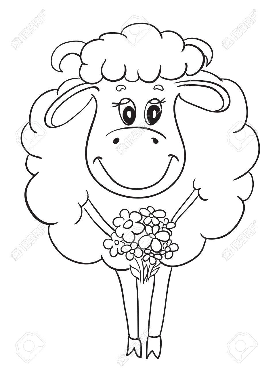 963x1300 Funny Sheep With Flowers, Sketch For Your Design Royalty Free