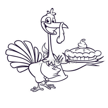450x450 Thanksgiving Cartoon Turkey Holding Fork And Pie Isolated. Vector