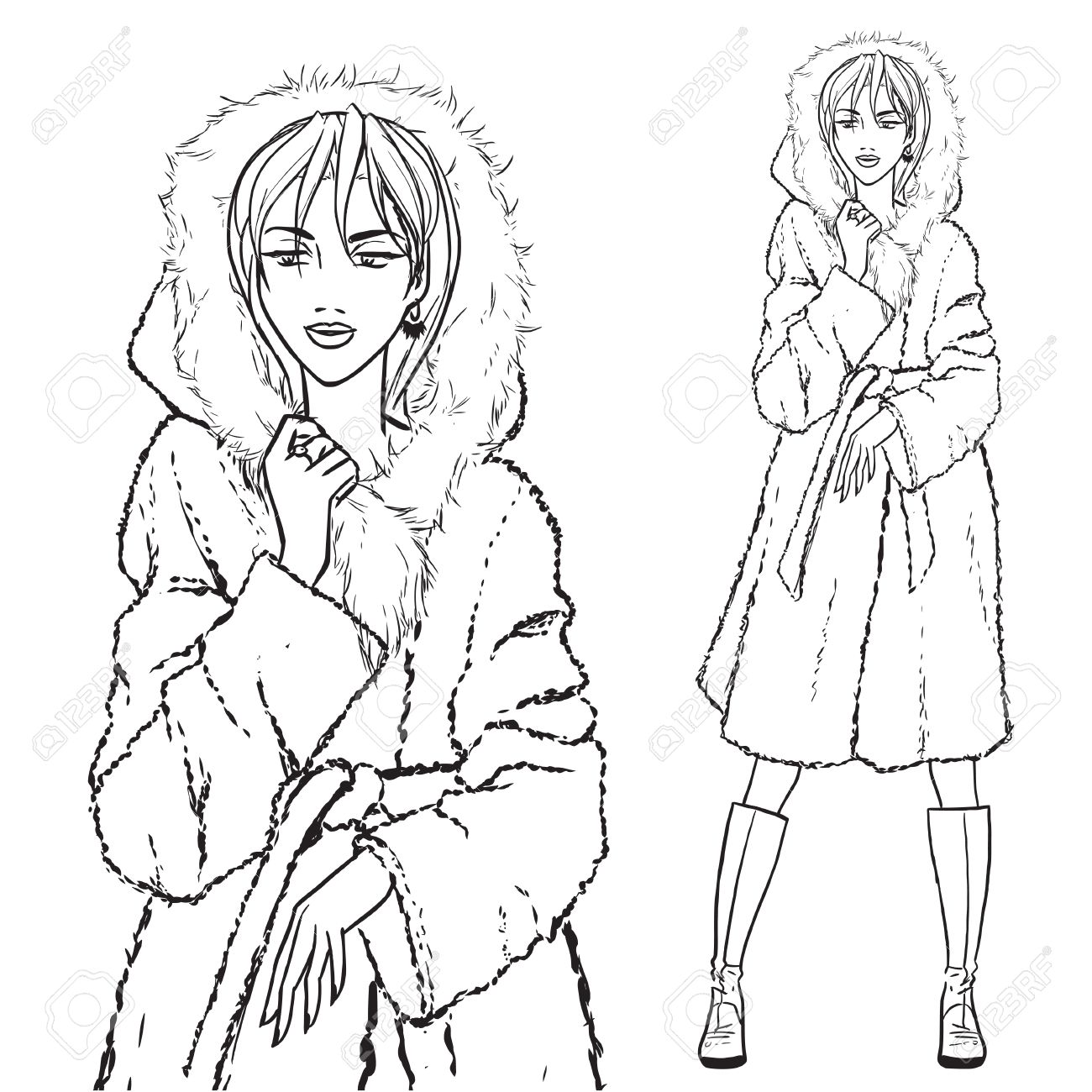 1300x1300 Elegant Beautiful Woman Wears Winter Clothes, Fur Coat. Vector