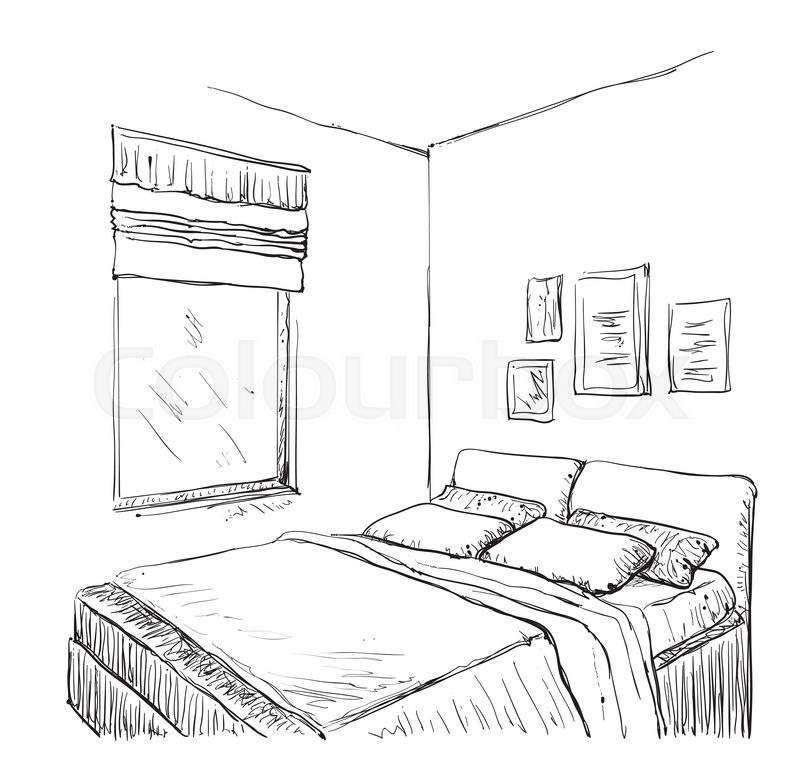 800x762 Bedroom Modern Interior Sketch. Hand Drawn Furniture Stock