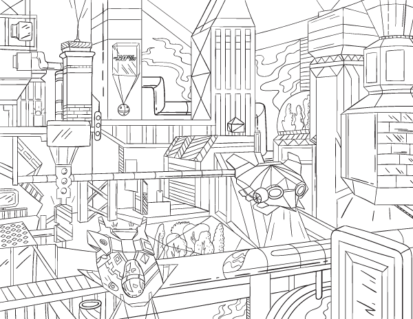600x464 Free Printable Futuristic Cityscape Adult Coloring Page. Download