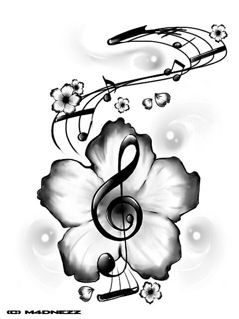480x640 Black Ink Treble Clef In Flower With Music Knots Tattoo Design By