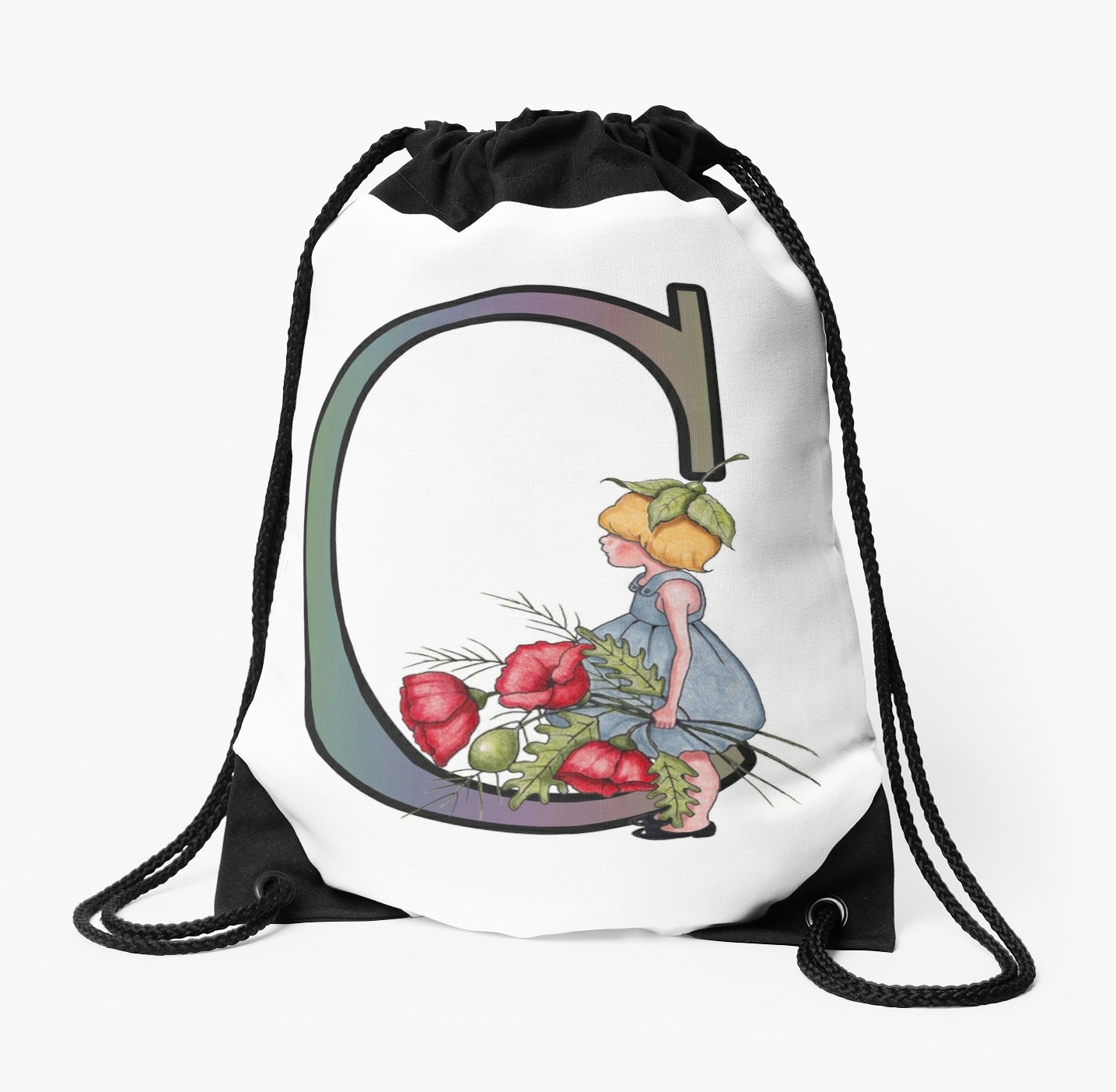 1435x1404 Initial C, Alphabet Letter, Girl With Poppies, Color Pencil Art