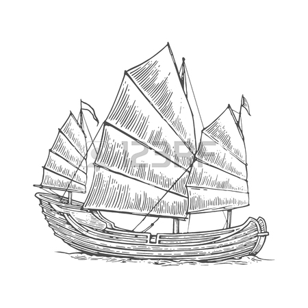 450x450 Junk Floating On The Sea Waves. Hand Drawn Design Element Sailing