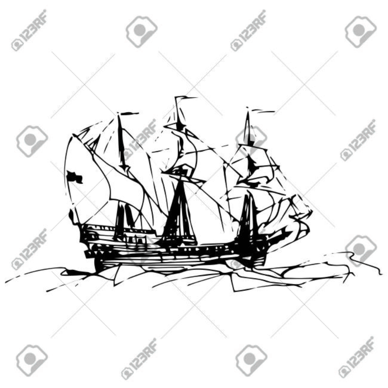 1300x1300 Sailing Galleon Ship In The Ocean In Ink Line Style. Vector Hand