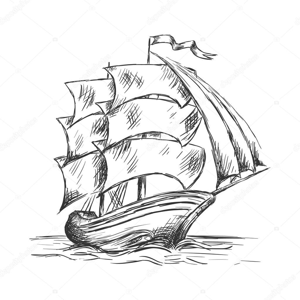 1024x1024 Antique Boat Sea Motive Drawing Handmade Stock Photo