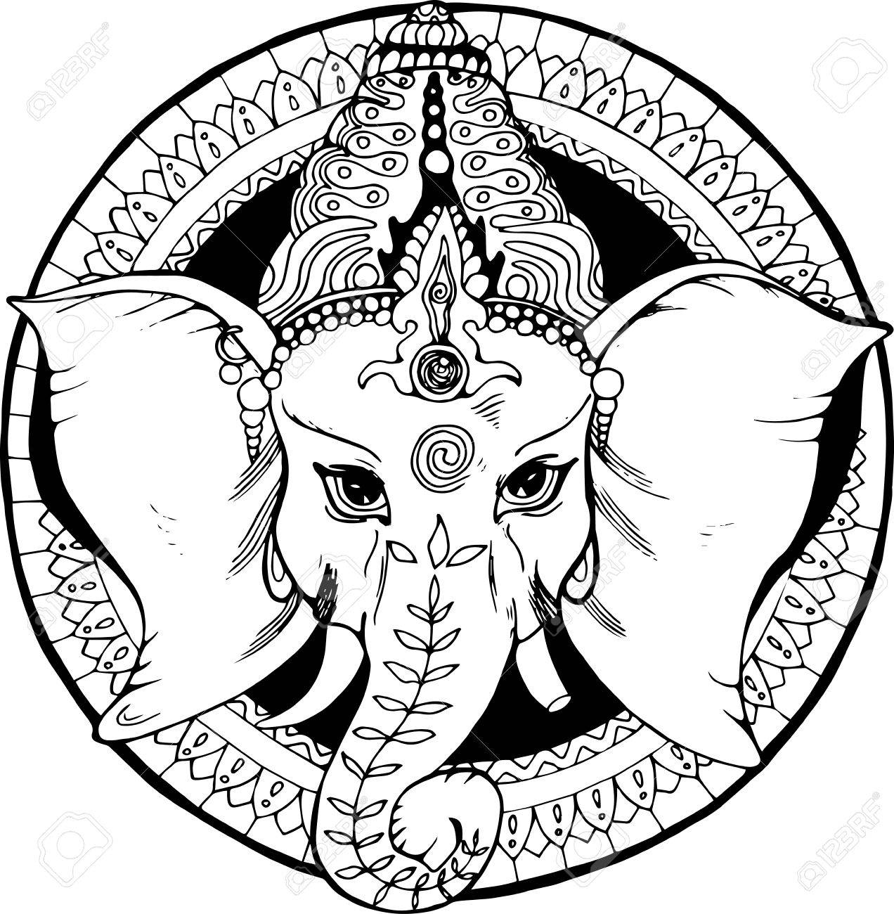 1272x1300 Illustration Of An Elephant Ganesha, A Hindu God. Black And White