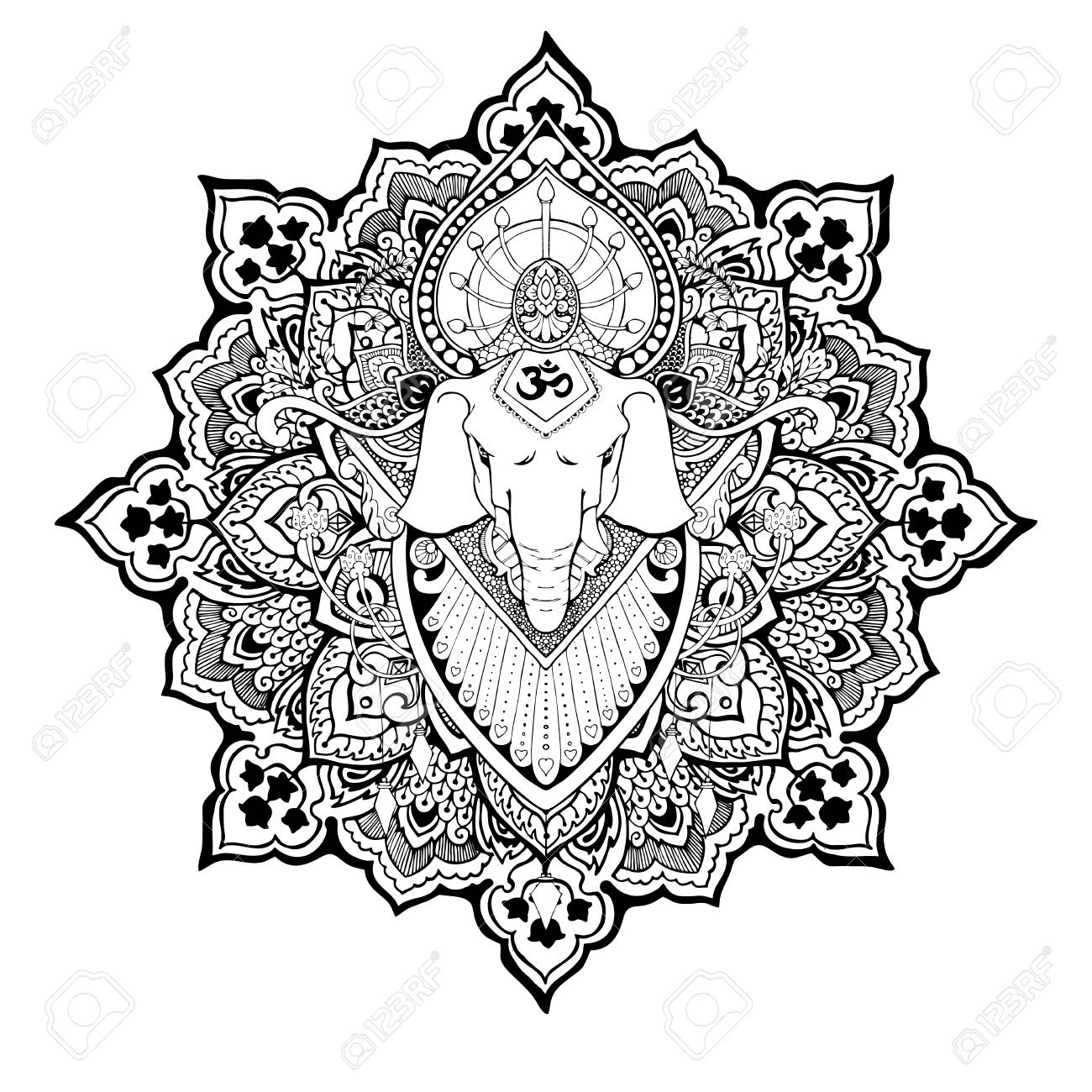 1300x1300 Silhouette Of Ganesha Mandala Oriental Drawing Illustration
