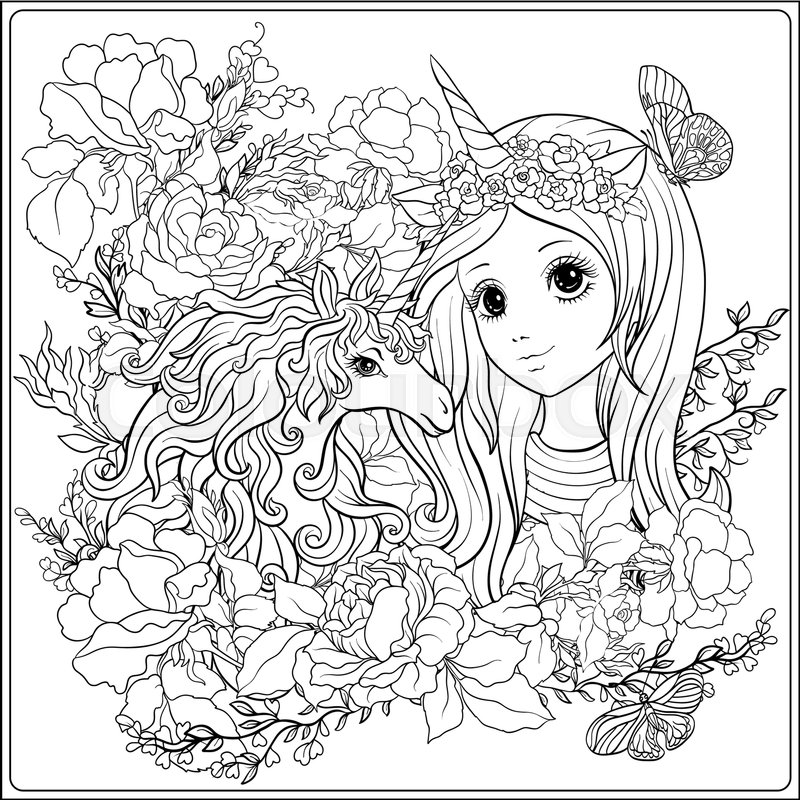 800x800 Cute Girl And Unicorn In Roses Garden. Outline Drawing Coloring