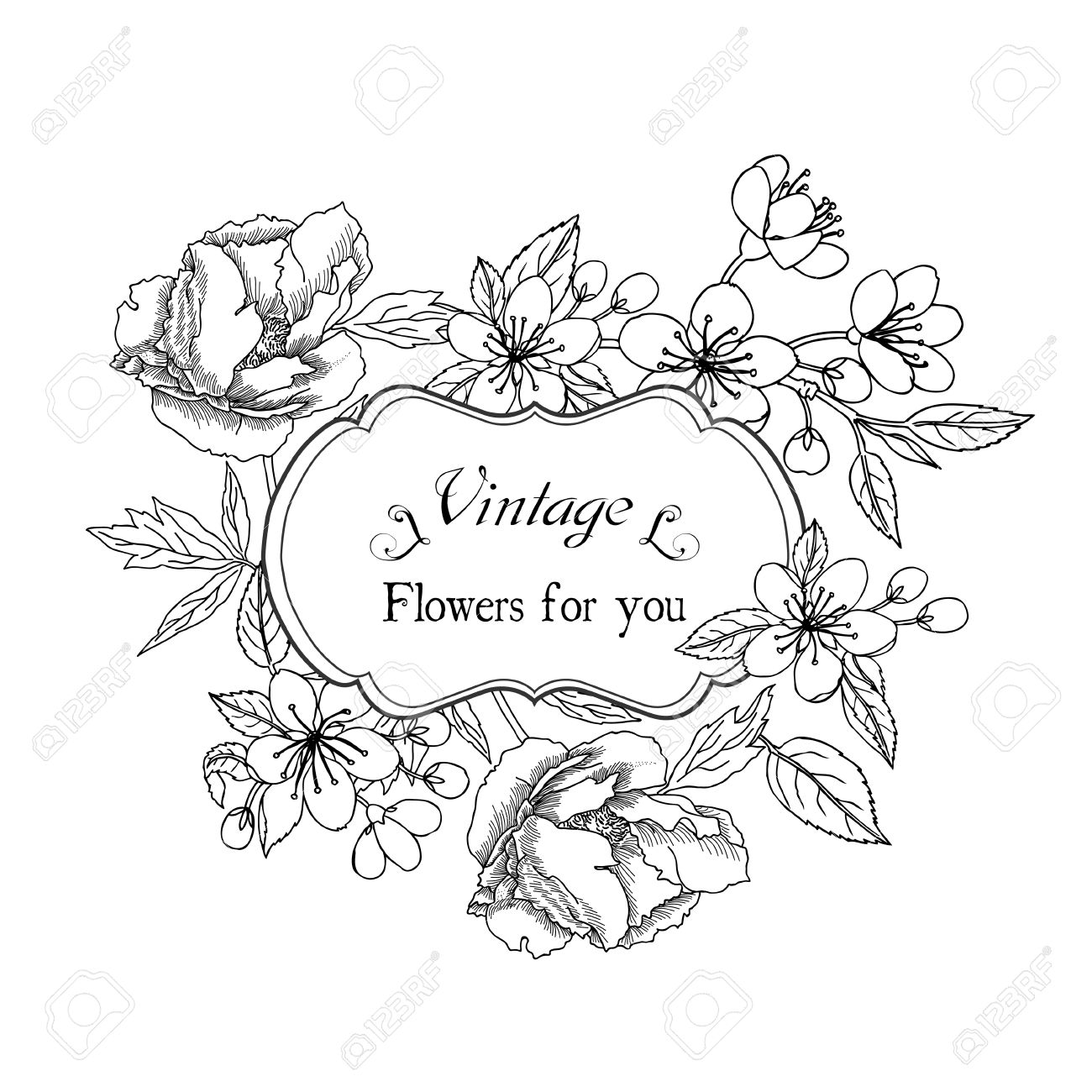 1300x1300 Vintage Card With Garden Flowers. Hand Drawn Apple Tree Flowers