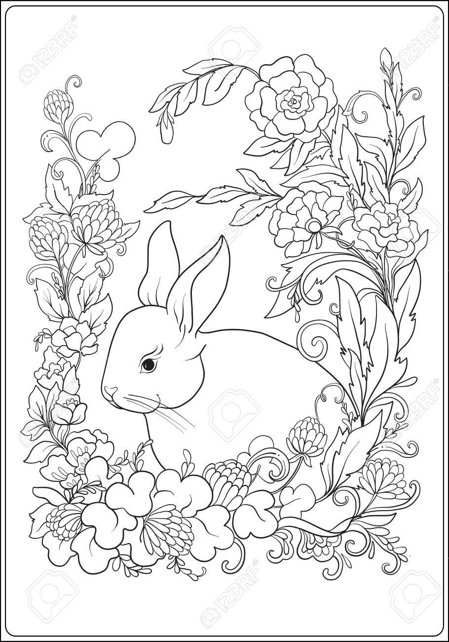 910x1300 Hare In Garden. Anti Stress Coloring Book For Adult. Outline