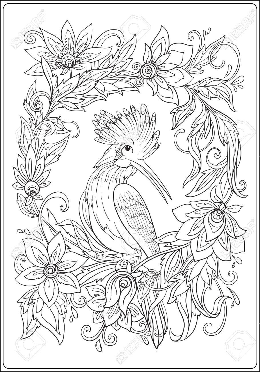 910x1300 Hoopoe In Garden. Anti Stress Coloring Book For Adult. Outline