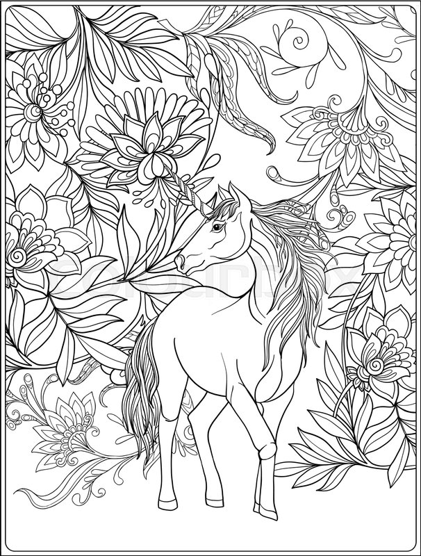 606x800 Unicorn In Magical Garden. Vintage Decorative Floral Pattern