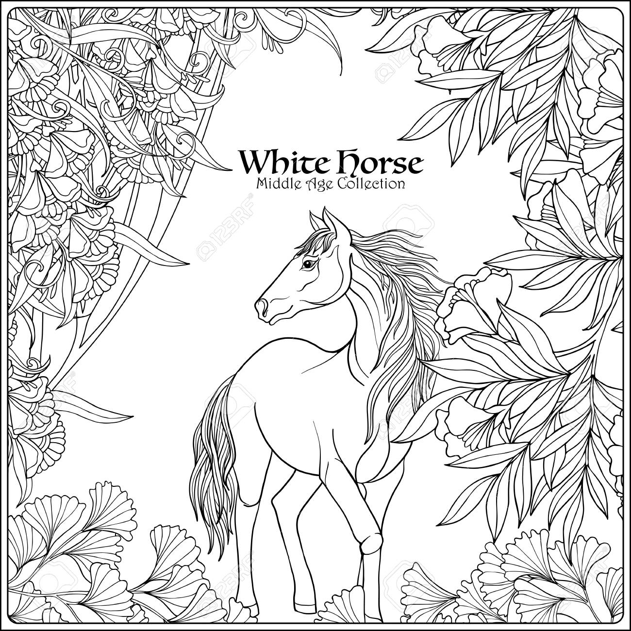 1300x1300 Horse In Garden. Illustration. Coloring Book For Adult And Older