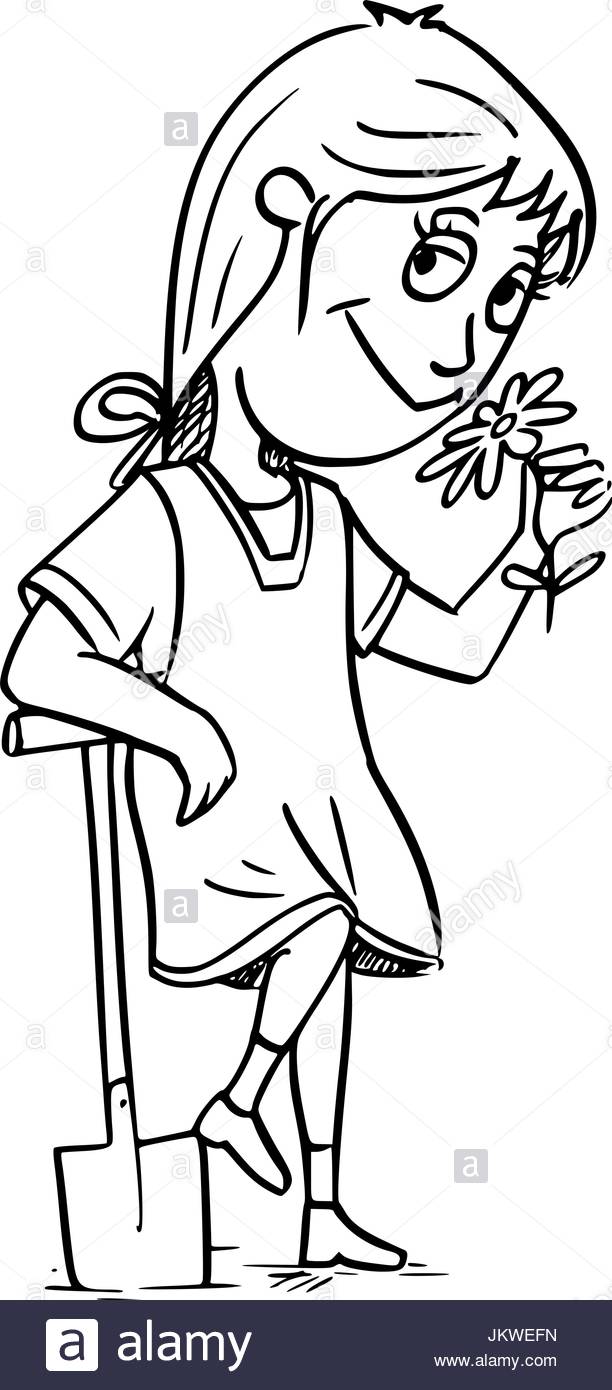 612x1390 Hand Drawing Cartoon Illustration Of Small Girl Gardener