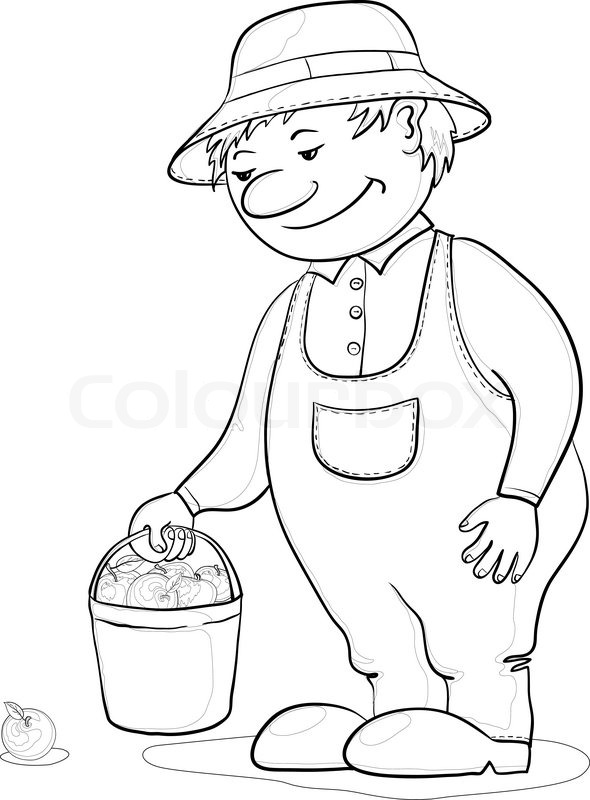 590x800 Vector, Men Gardener With A Bucket Of Apples, Monochrome Contours