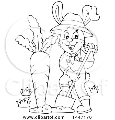 450x470 Clipart Of A Cartoon Black And White Happy Gardener Bunny Rabbit